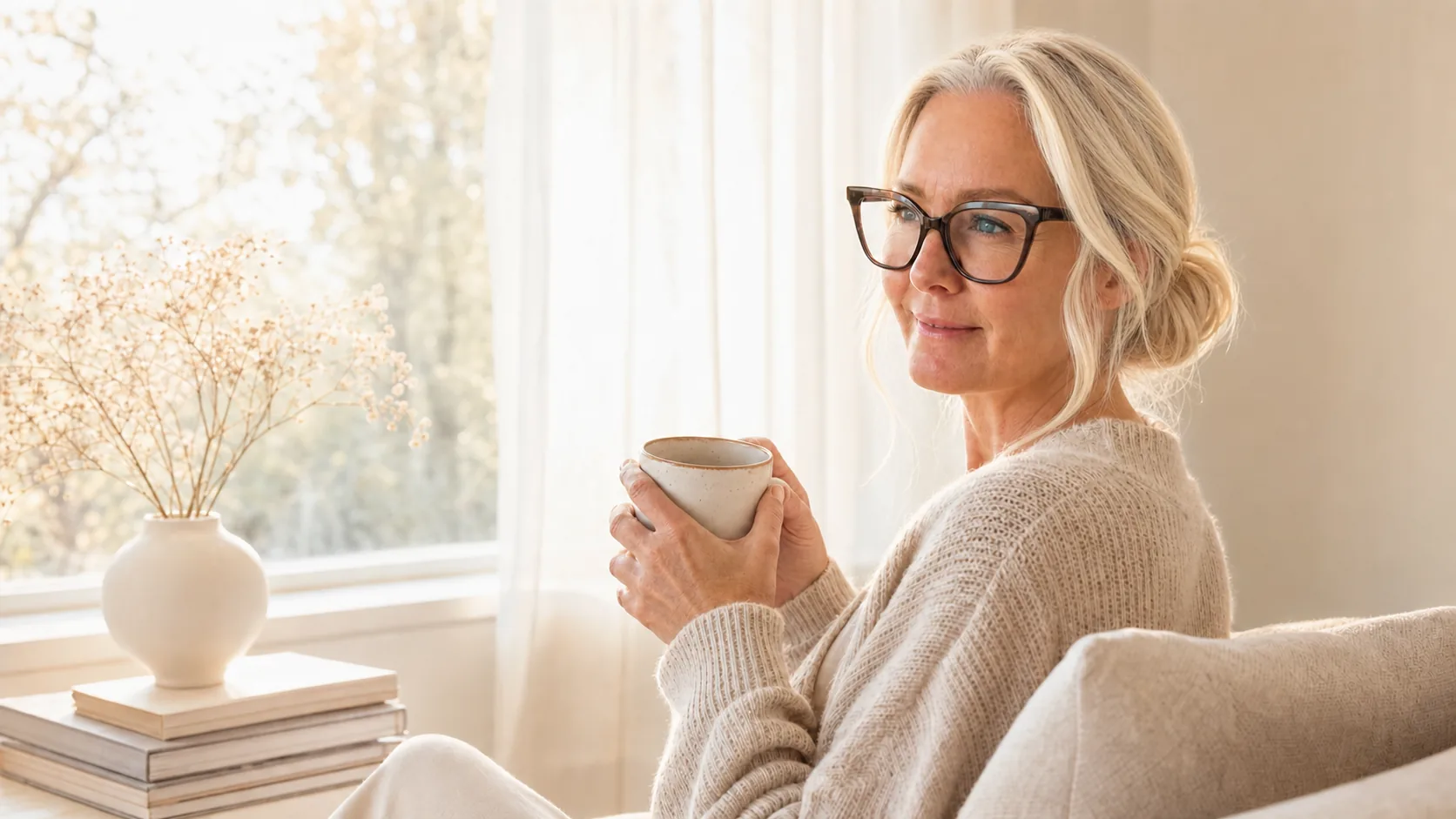 Jasmin am Fenster mit Tasse im warmen Morgenlicht