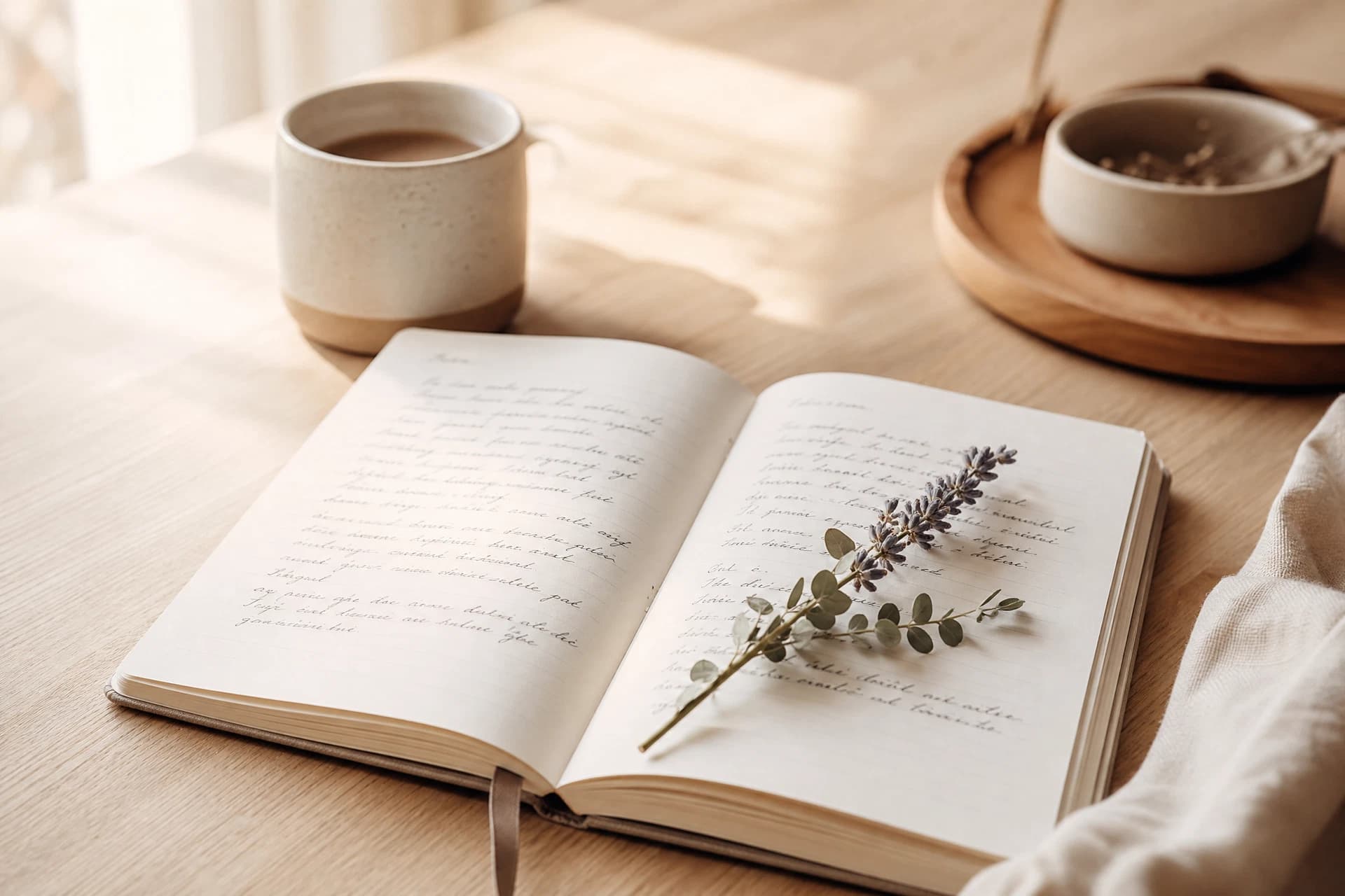 Offenes Notizbuch, Tasse und getrocknete Blume